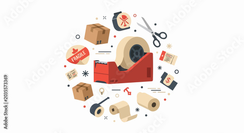 Shipping and Packaging Supplies Flat Illustration Set with Cardboard Boxes, Tape Dispenser, and Scissors for E-commerce, Logistics, and Delivery Business