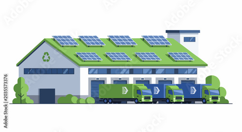 Eco-Friendly Warehouse and Distribution Center with Solar Panels, Green Roof, and Electric Delivery Trucks for Sustainable Supply Chain Management