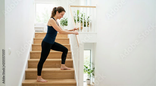 Smiling woman standing on wooden stairs stretching calf muscles. Happy female holding railing and doing leg stretch at home. Fitness  flexibility and healthy lifestyle concept