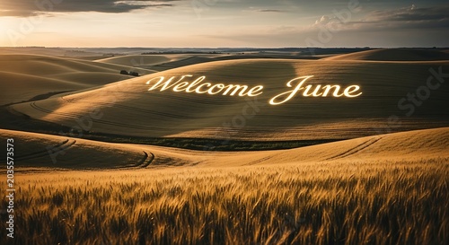 Golden wheat field at sunset with welcome text overlay.
