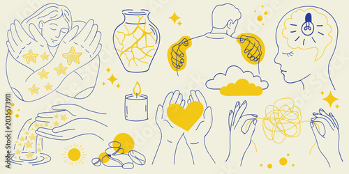 Cuadro en lienzo Mental health and self care concept illustrations set