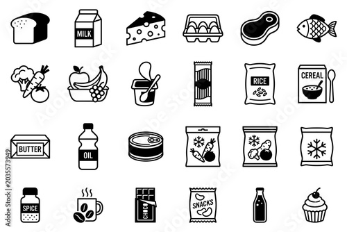 Food and Grocery Shopping Icons. Flat vector collection of basic food products, from dairy and grains to meat, produce, and packaged goods, with text labels.