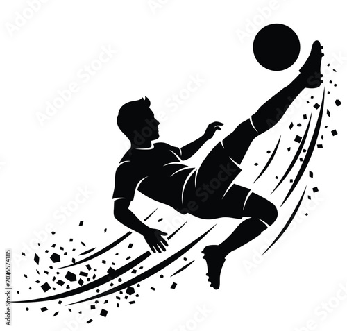 Silhouette of soccer player performing bicycle kick with dynamic motion trail effect.