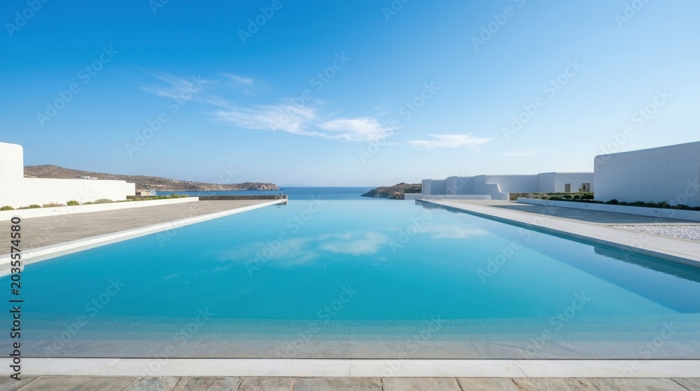 Fototapeta premium Luxurious Infinity Pool Overlooking the Aegean Sea on a Sunny Day.