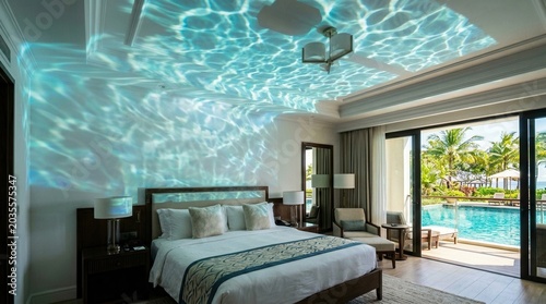 Luxury Bedroom with Pool View and Water Projection Ceiling.
