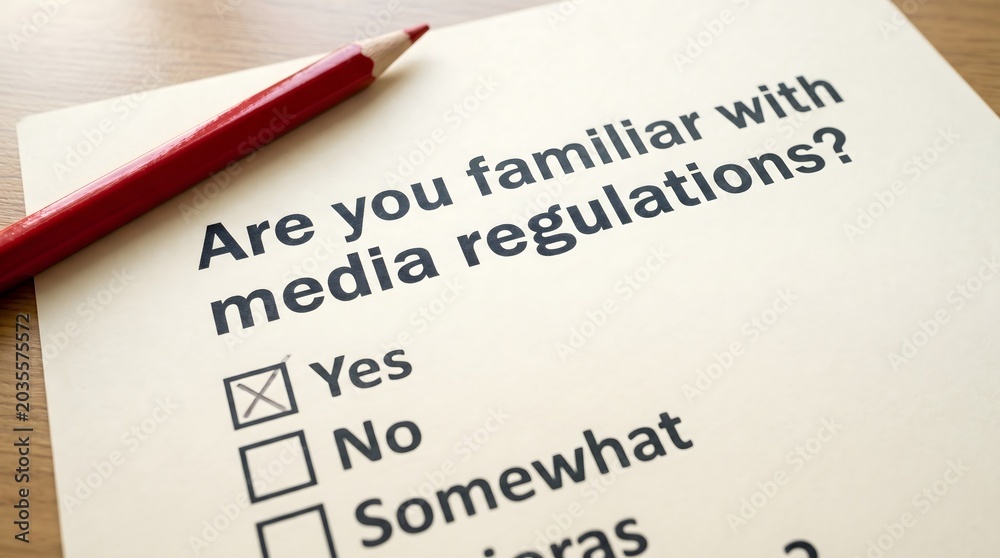 Obraz premium Questionnaire survey sheet about media regulations with red pencil close up