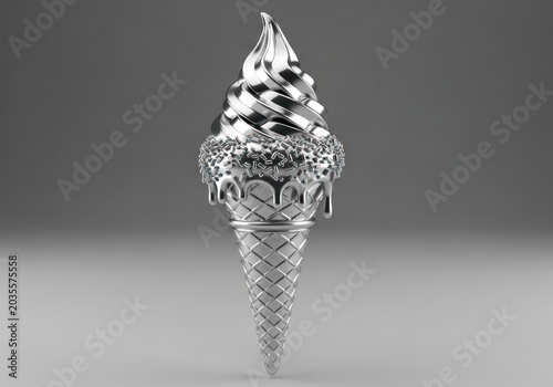 Elegant 3D Rendered Metallic Silver Ice Cream Cone with Swirled Soft Serve, Textured Topping, and Drips on Minimalist Gray Background