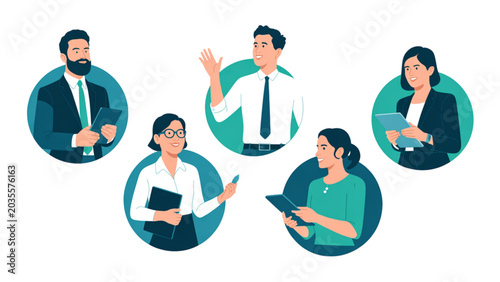 Group of diverse professionals having a virtual team meeting on laptops with smiling faces Vector