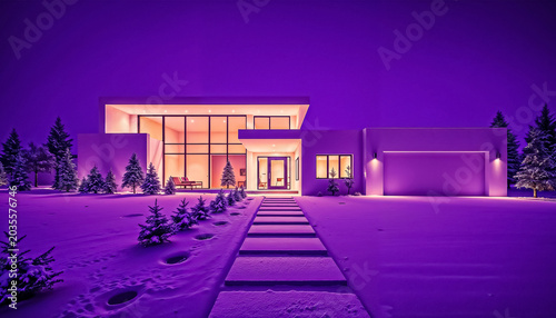Modern House Exterior with Purple Night Lighting