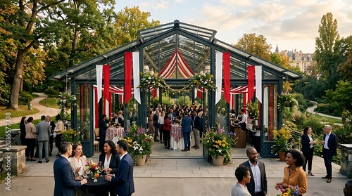 Elegant outdoor corporate gala in a decorated glass greenhouse