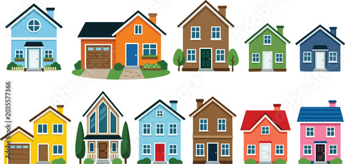 Schilderij op canvas Modern Flat Design House Icon Set with Suburban Homes, Residential Cottages, Two