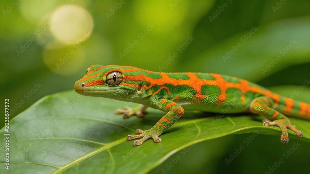 Fototapeta premium Colorful gecko on green leaf