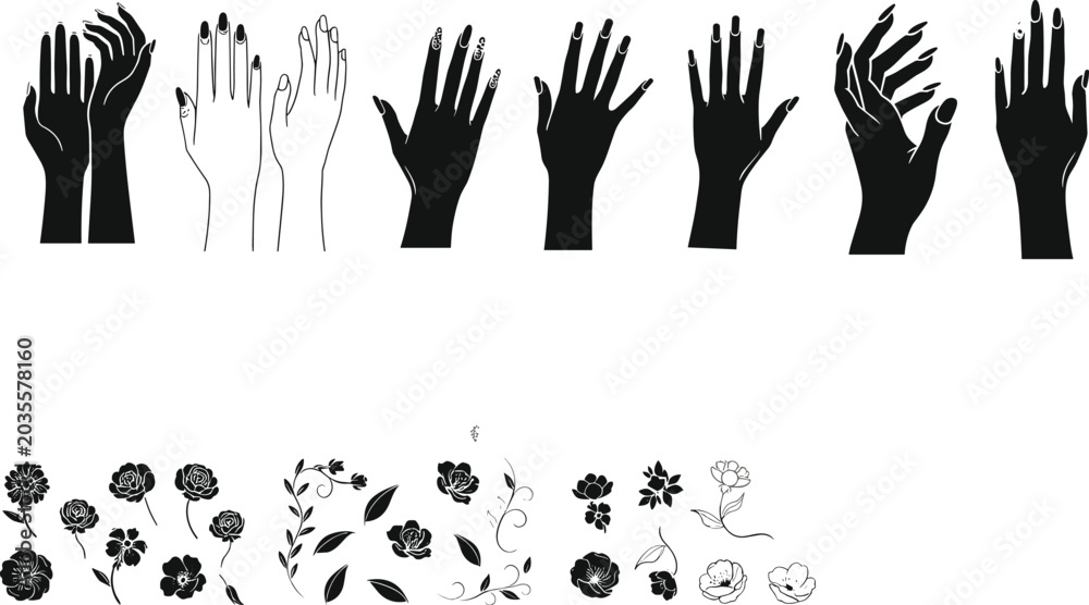 Fototapeta premium Manicure and Nail Art Design Element Set with Hand Gestures, Ornate Acrylic Nails, Floral Motifs, and Botanical Branch Line Art Vectors for Beauty Salons