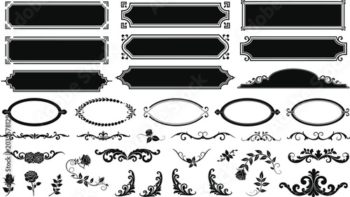 Vintage Filigree Frame and Border Element Set with Retro Silhouette Banners, Ornate Flourishes, Baroque Calligraphy Accents, Dividers, and Decorative Corner Vectors