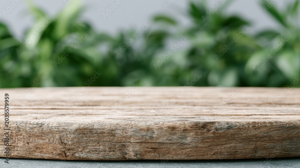 Fototapeta premium Wooden tabletop with blurred botanical background, natural product display mockup, organic advertising backdrop
