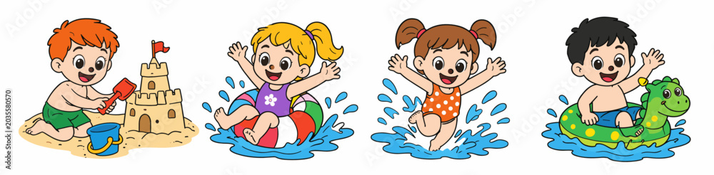 Naklejka premium Set of four cute cartoon children playing in summer water including sandcastle building, splashing, swimming and riding a toy dinosaur. Beach and pool activity scene collection.
