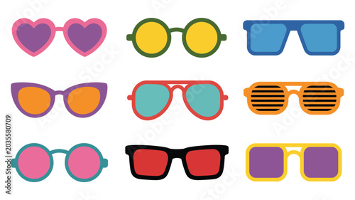 Photos Assorted colorful sunglasses in various shapes and designs, bright stylish eyewe
