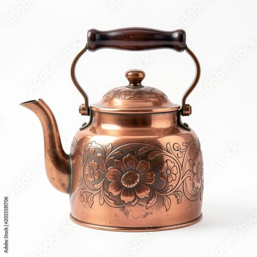 Decorative copper kettle with ornate engravings and handle isolated on white background.