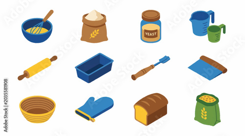 Foto Collection of Baking Tools and Ingredients Isolated on White Background