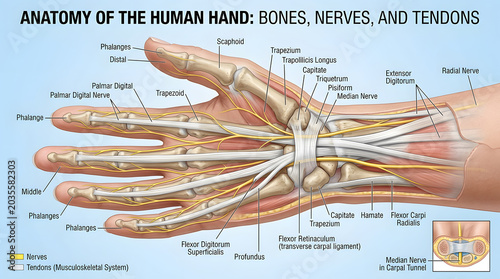 Anatomy of the human hand: bones nerves tendons with carpal bones, median nerve