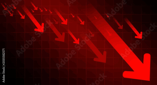 Dramatic red arrows illustrating a steep downward trend and economic recession, signifying market collapse, business losses, and financial crisis on a dark background