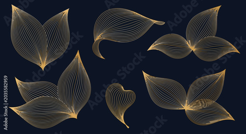 Luxury golden leaf line art collection, elegant gold foliage vector set with metallic wireframe texture, decorative botanical elements on dark background