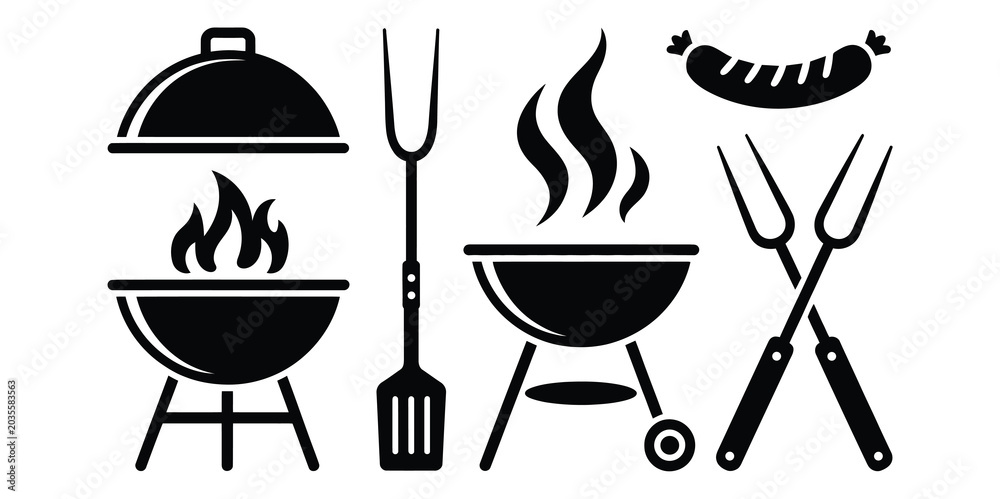 Φωτογραφία Black bbq grill icons with utensils and sausage on white background