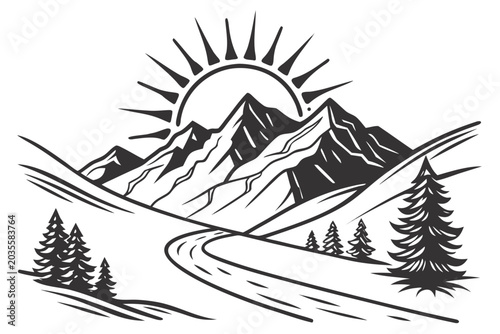 Winding road through mountain forest with sunset