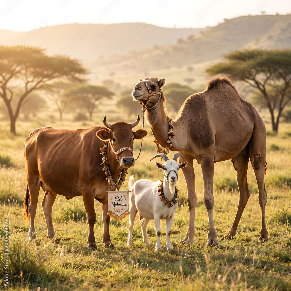 Obraz premium Herd animals including a camel cow goat standing in a grassy field at sunrise golden hour livestock