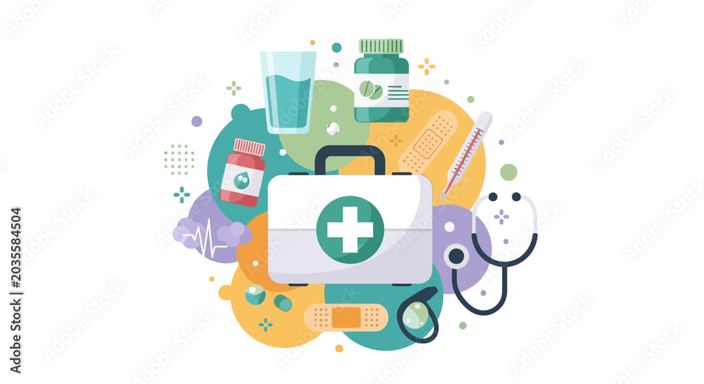 Fototapeta premium Flat Vector Illustration of a Medical First Aid Kit with Stethoscope, Bandages, Pills, and Thermometer for Healthcare and Emergency Concepts