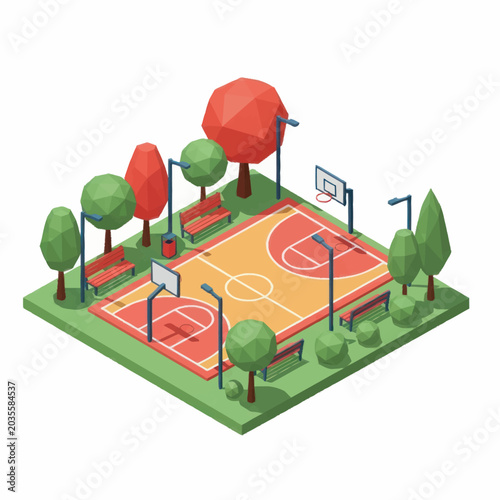 Low Poly Isometric Basketball Court with Trees and Benches.
