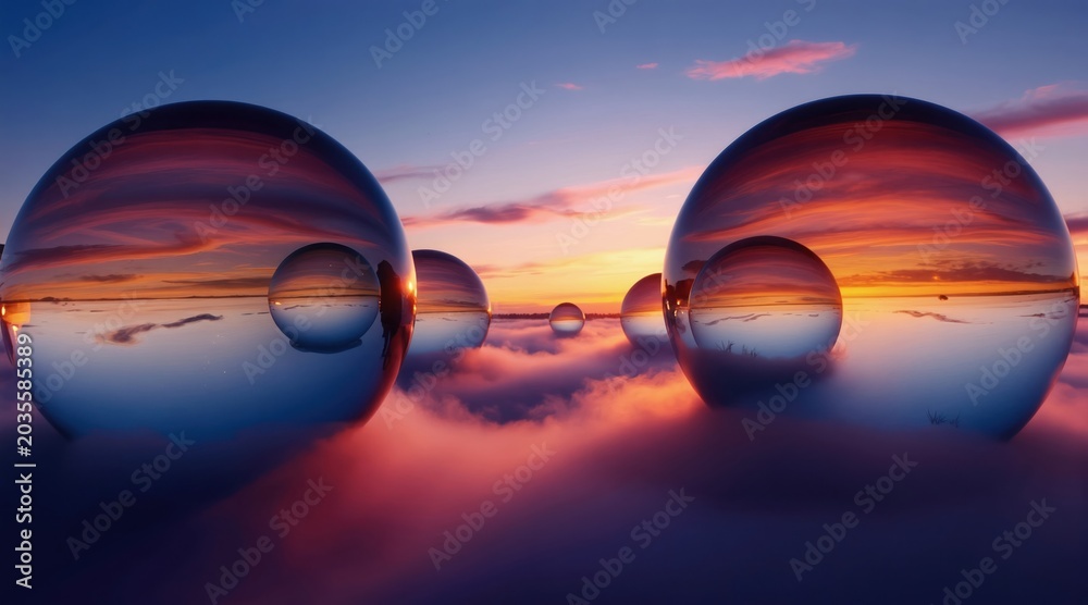 Obraz premium Glass spheres reflect colorful sunset sky and clouds over calm water. Spheres float on pink mist layer. Digital art fantasy landscape scene.