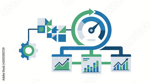 Minimalist flat vector illustration of performance optimization dashboard with agile process arrow analytics chart and system automation gear for SaaS platform