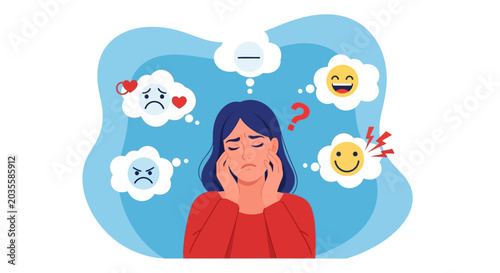 Bilde på lerret Woman with mixed emotions and thoughts, mental health concept, illustration