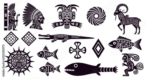 Photos black and white tribal symbols and icons, ancient mystical concept, background