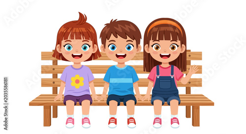 Konstfotografi Three happy kids sitting on wooden bench, childhood friendship concept, illustra
