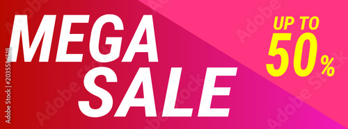 Fotografia Horizontal Mega Sale Banner with Up to 50 Percent Discount on Red and Pink Backg