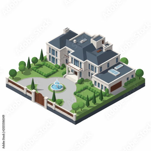 Schilderij op canvas Isometric illustration of a luxurious modern mansion with manicured gardens and a fountain