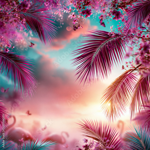 Whimsical tropical paradise with palm leaves, soft pink clouds, and flamingos in a glowing pastel fantasy sunset scene.