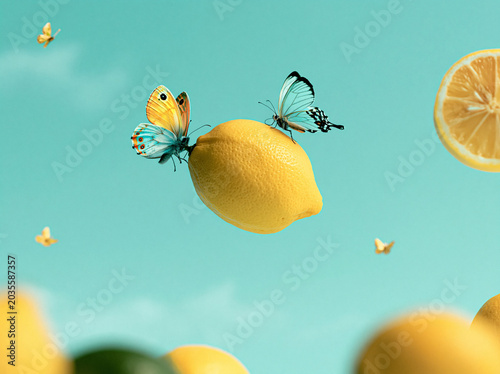 Fresh floating lemon with delicate butterflies against a dreamy turquoise sky creating a vibrant summer citrus fantasy atmosphere.
