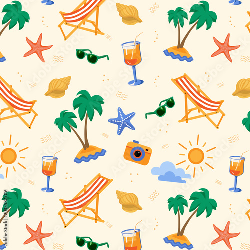 Summer beach seamless pattern of tropical vacation icons: palm trees, deck chairs, cocktails, seashells, starfish, sun on beige background, vector illustration for textile,wrapping,web, travel design.