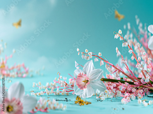 Elegant white and blush daffodils resting on a pastel mint background with delicate floral details and dreamy spring atmosphere.