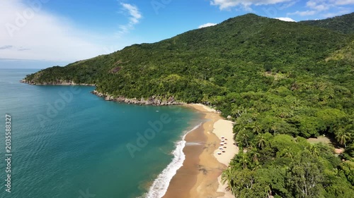 Aerial view of a tropical beach and rainforest
