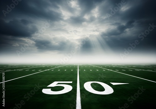 Football field midfield line with number fifty under dramatic stormy sky lighting