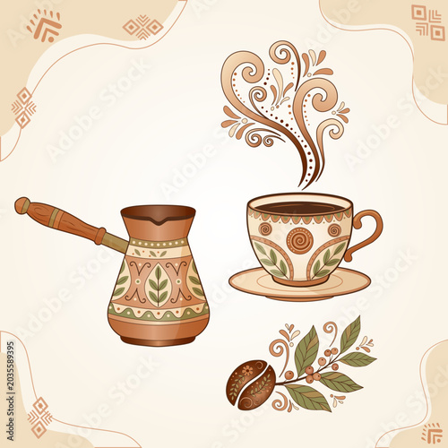 Boho ornamental coffee culture vector illustration with decorative coffee cup, cezve, floral steam, coffee beans in warm earthy tones. Cozy artisanal cafe design for branding, packaging, menu, decor.