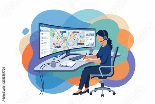 Female Emergency Dispatcher at Workstation with Large Monitor