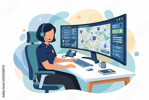 Female Emergency Dispatcher at 911 Call Center Workstation Vector