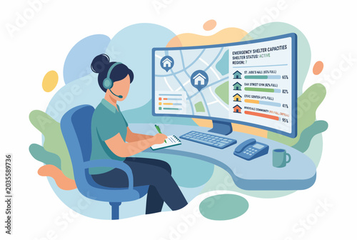 Foto Female Emergency Dispatcher Monitoring Shelter Status at Workstation