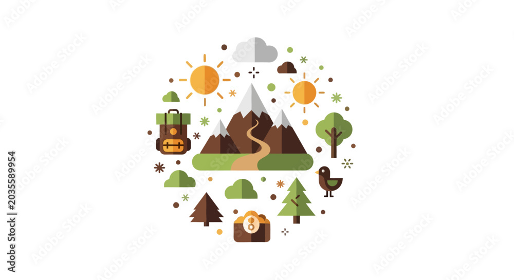 Fototapeta premium Flat Design Nature and Hiking Concept Illustration with Mountains, Forest, Backpack and Wildlife Icons in a Circular Composition