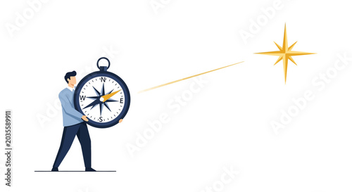 Business Vision and Leadership Concept: Businessman Holding Large Compass Pointing Toward North Star for Career Direction, Guidance, and Strategic Goal Setting